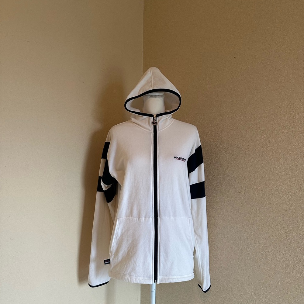 Polo Sport Ralph Lauren White Zip Up Hoodie Sz L USA Made Vtg Y2K 90s Logo